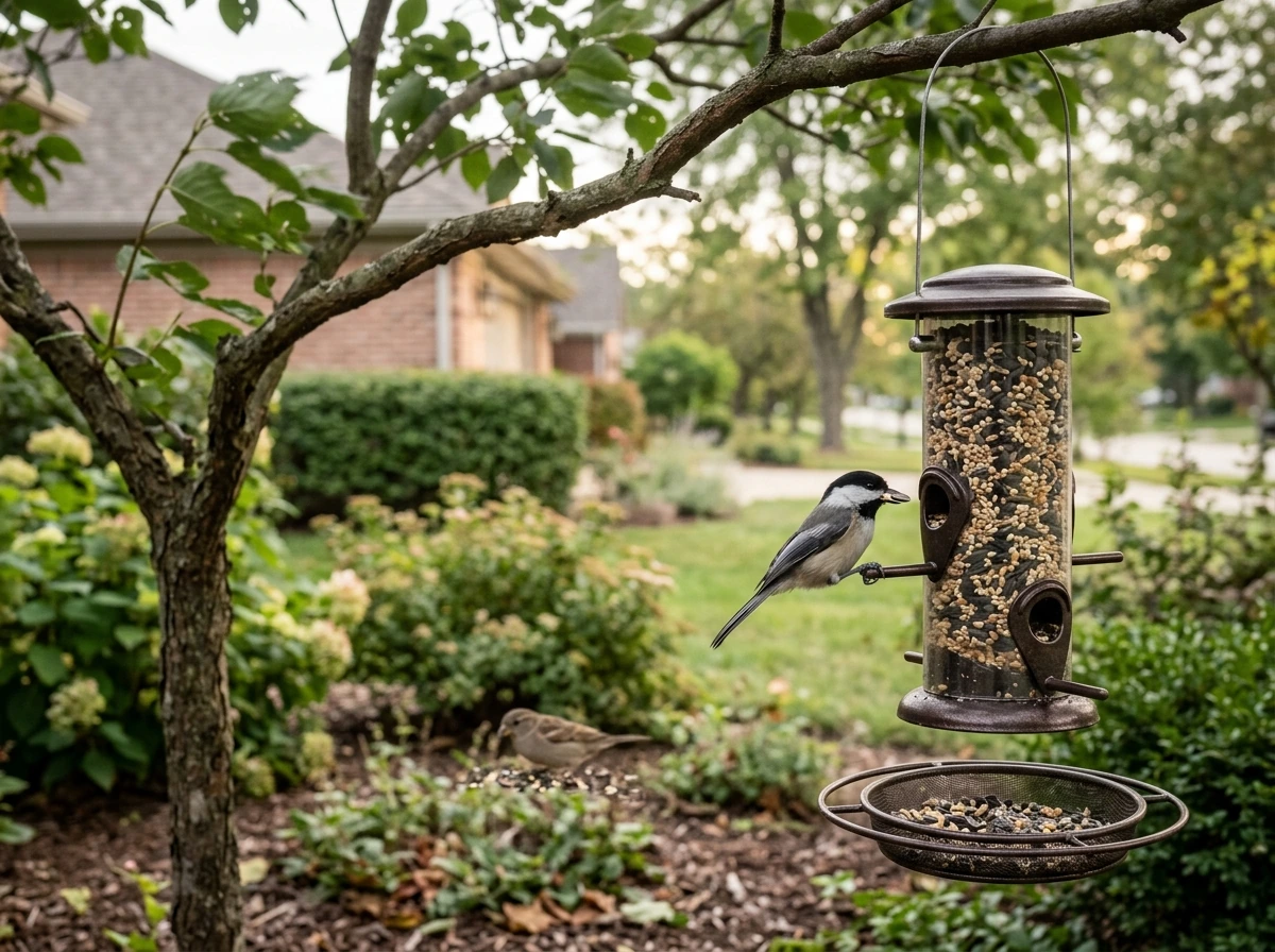 Backyard bird feeder with birds at different distances, hinting at how scent and placement affect visitation