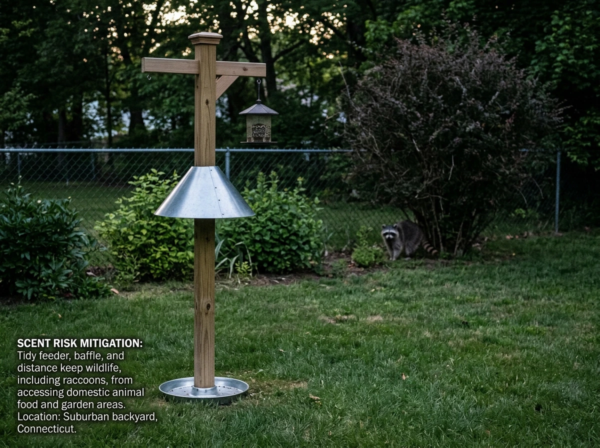 Birds vs rodents: raccoon tail and feeder area with ground scatter avoided