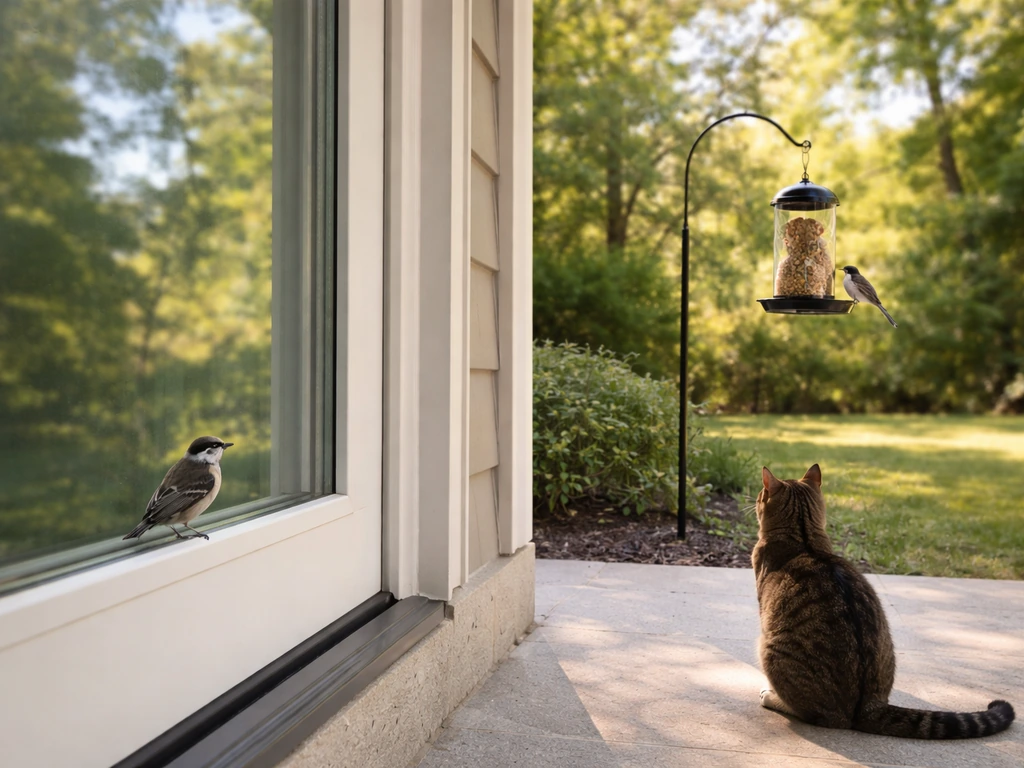 Bird near window reflection on one side, feeder farther away on the other, with a cat nearby on the walkway.
