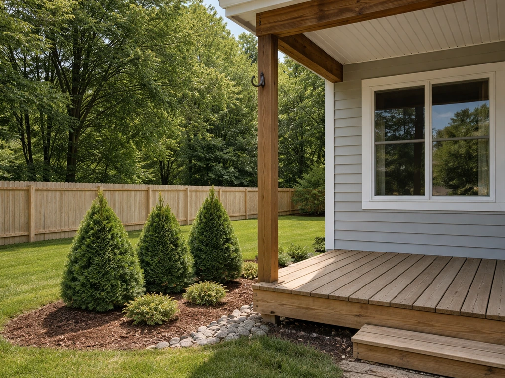 Minimal yard view showing a window, deck edge, shrubs, and fence line near where a hanging bird feeder would be.