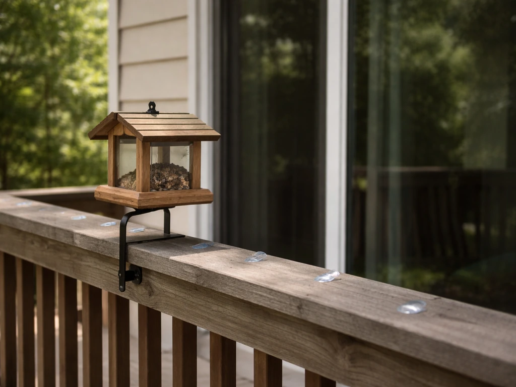 Close-up of a bird feeder on a porch rail with motion markers nearby, showing a simple window-safe setup.