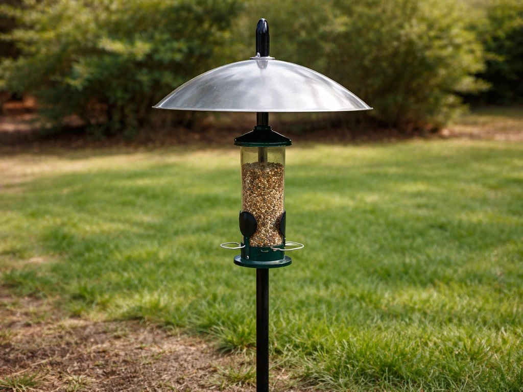 Pole-mounted bird feeder with a visible baffle in a simple backyard yard setup.