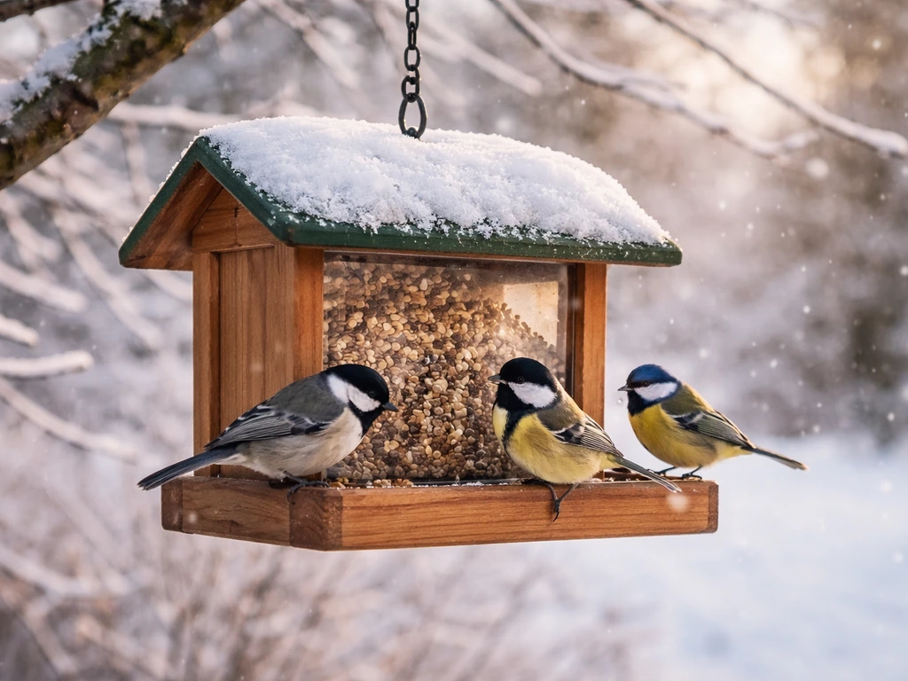 Snowy winter bird feeder with small songbirds perched and feeding during cold weather