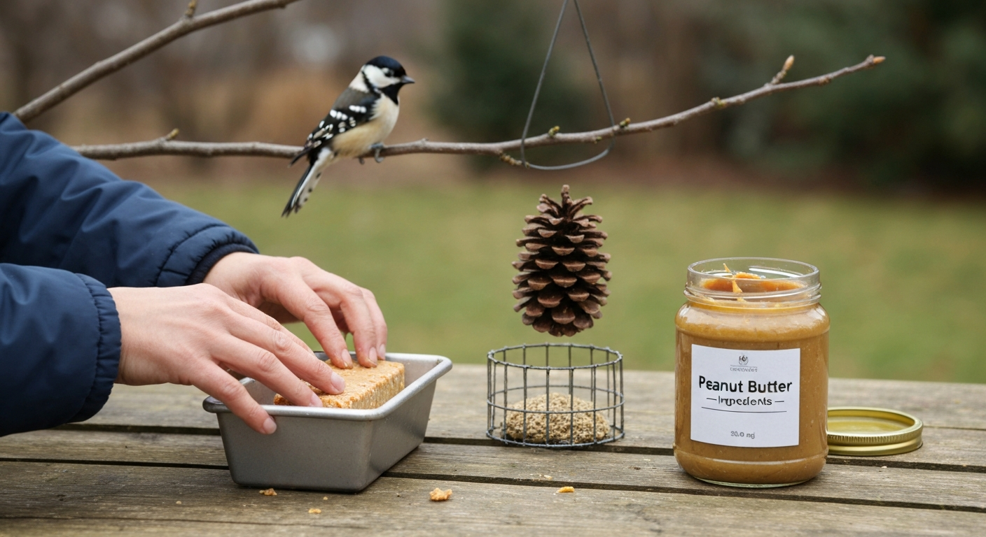Hands pressing a homemade peanut-butter suet cake beside a plain peanut butter jar, with a pine-cone feeder and birds in the background.