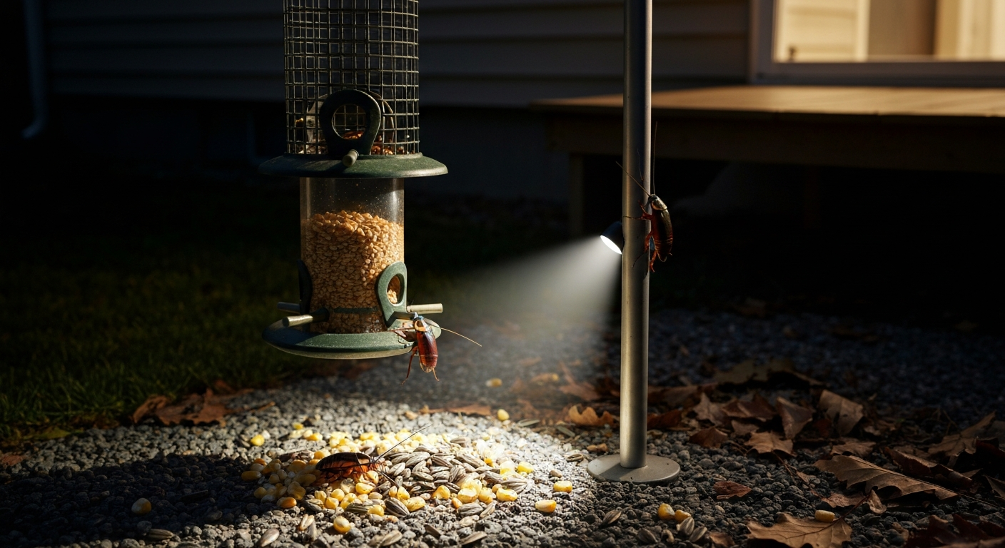 Nighttime photorealistic scene of a bird feeder with spilled seed and cockroaches foraging beneath it.