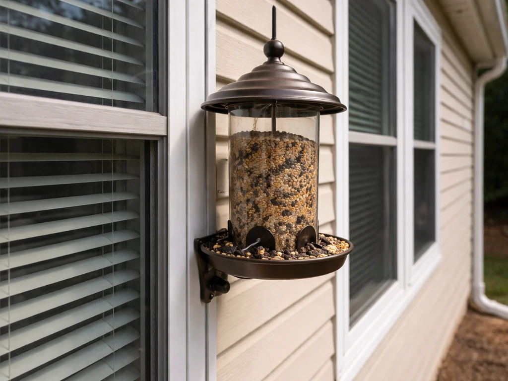 Bird feeder mounted beside a house window, showing how close it is to the glass.