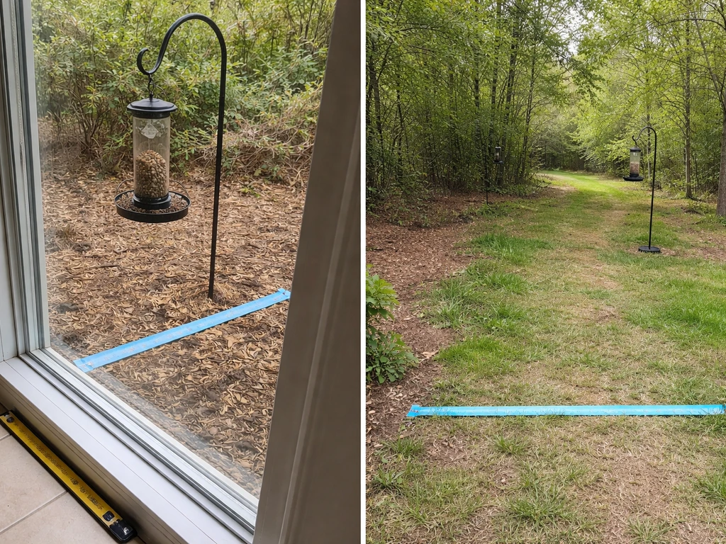 Bird feeder near a window with tape showing close danger vs far safe distance.