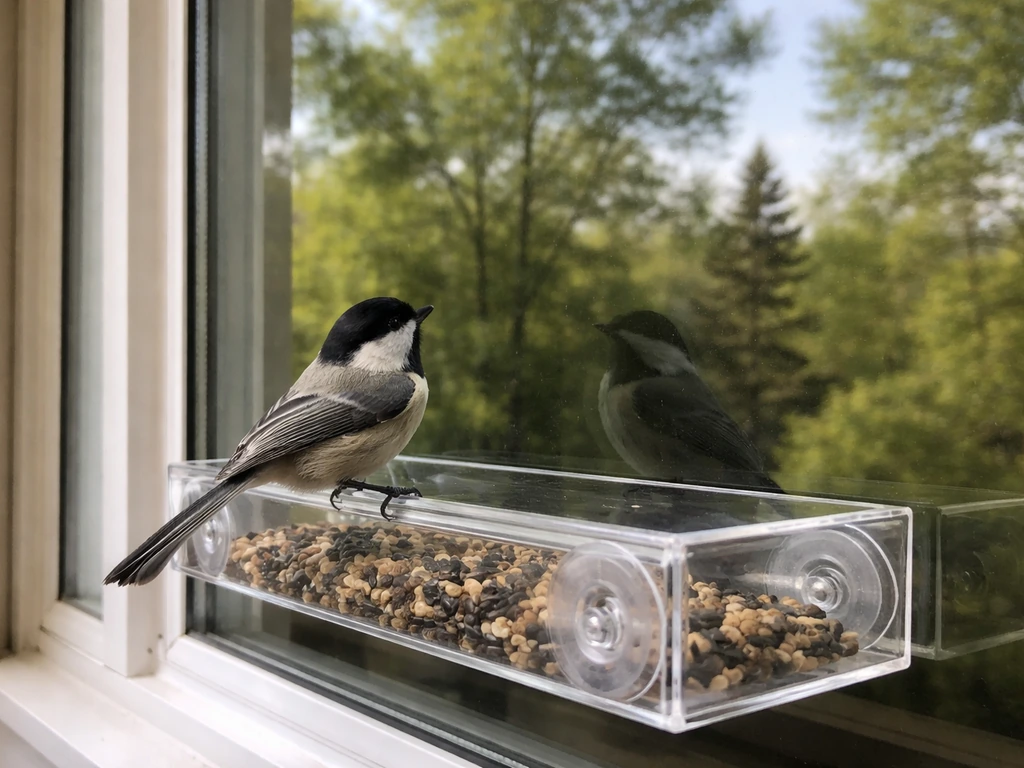 A small bird perched by a window near a feeder, with tree and sky reflections in the glass.