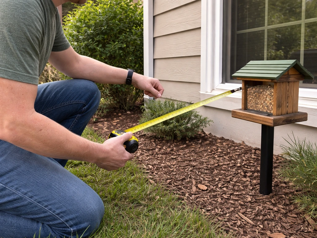 Person crouches in a yard using a tape measure to measure from a bird feeder toward a window pane.