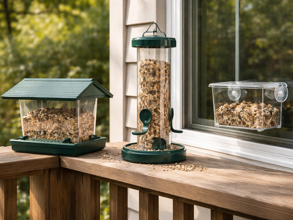 Three bird feeder styles side-by-side near a window, showing clean vs messy designs for safer placement.