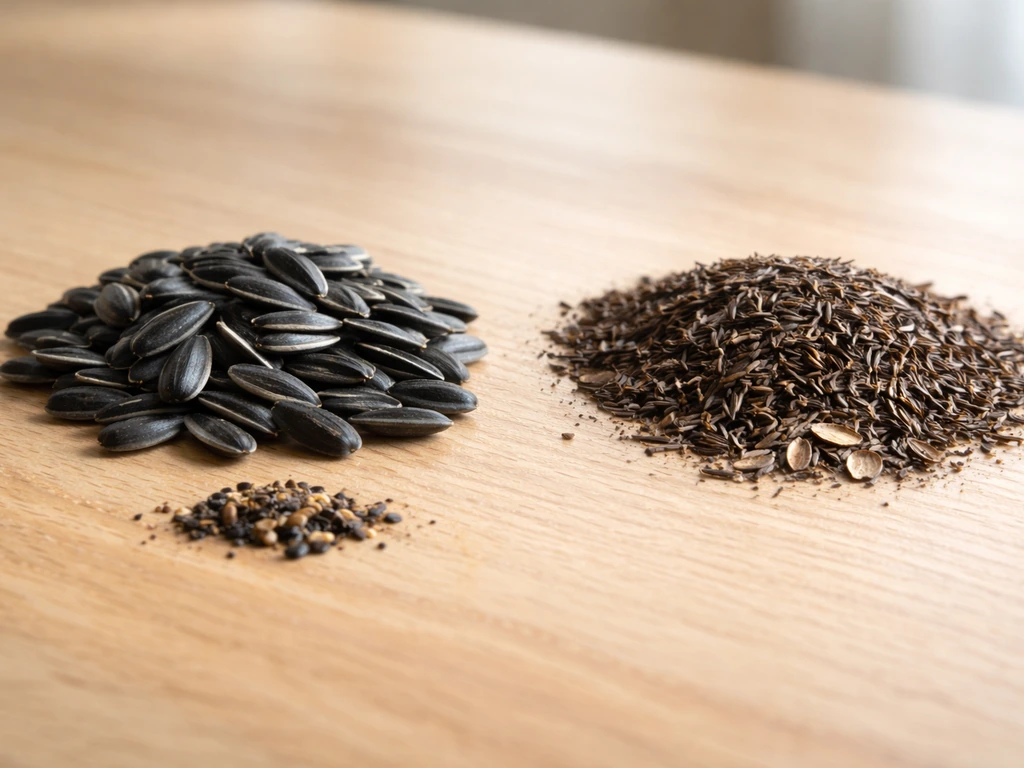 Close-up of birdseed types showing fresh black-oil sunflower beside dull, stale nyjer/thistle