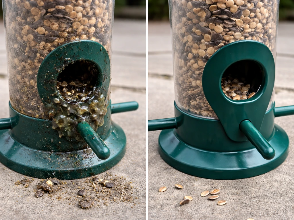 Side-by-side view of a moldy, residue-filled feeder versus a freshly cleaned feeder section.