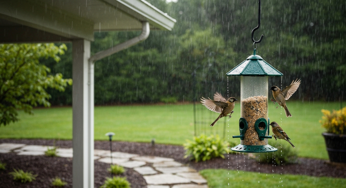 Backyard tube bird feeder under an eave in light rain, with raindrops on the roof and birds feeding.