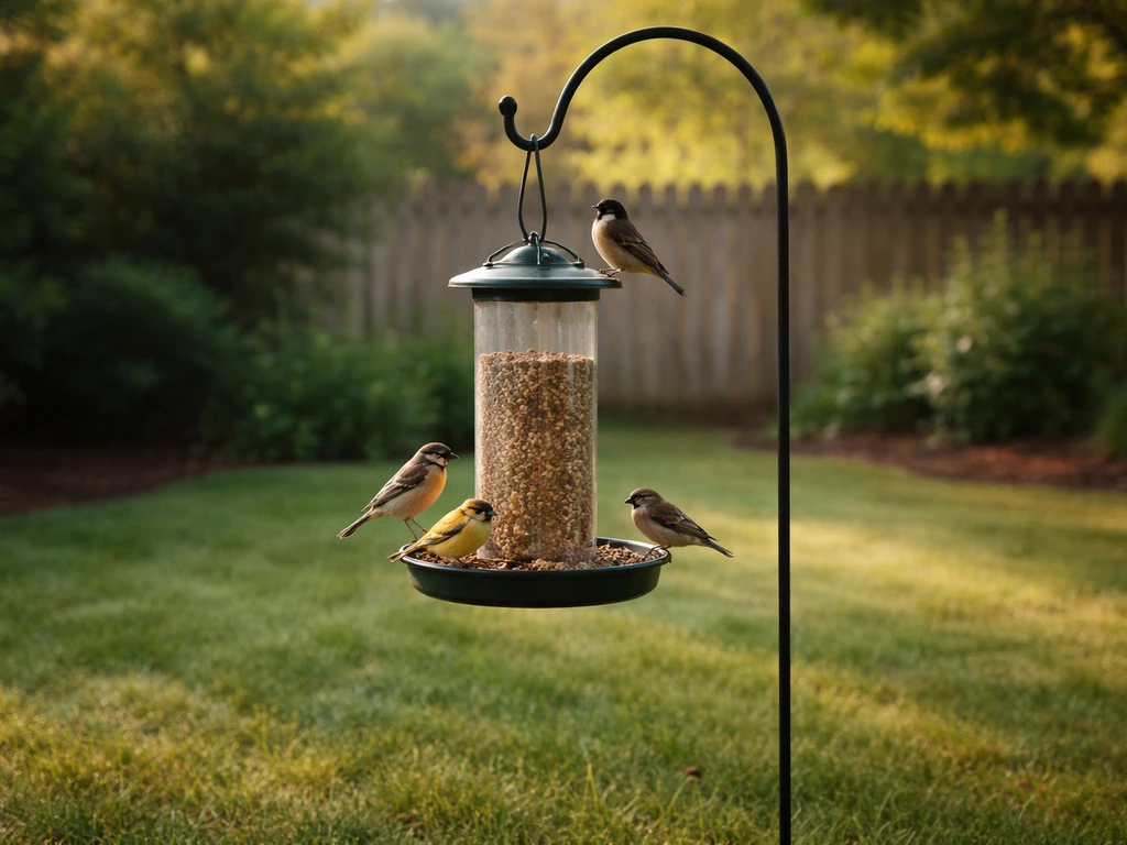 Sunlit backyard with a clean bird feeder and a couple of birds perched nearby.