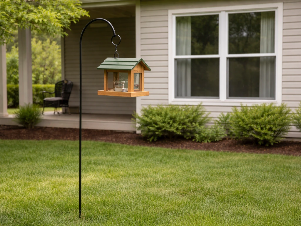 Backyard bird feeder mounted several feet from a house window to show safe collision-free placement.
