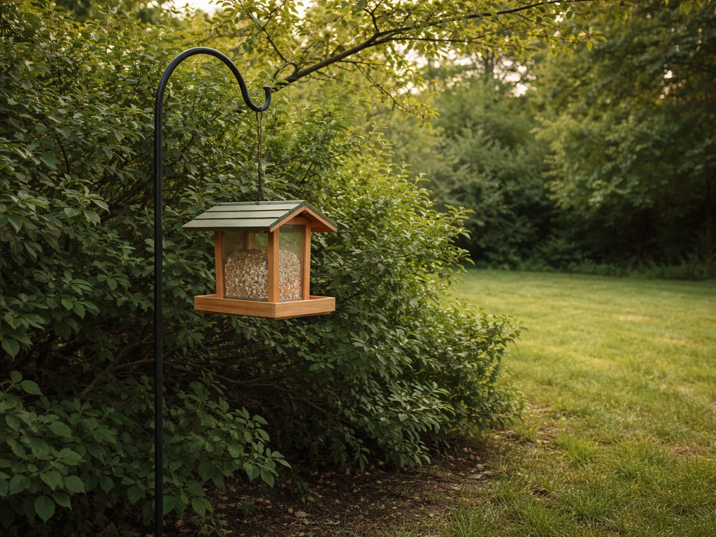 Bird feeder hanging near shrubs and a small tree, with open yard space suggesting a safe escape route.