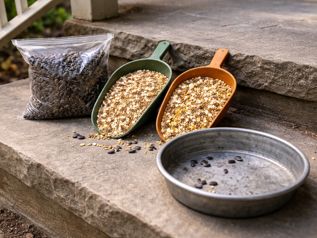 Unlabeled bird feed containers showing black-oil sunflower seeds beside coarser grain mixes on a porch step.