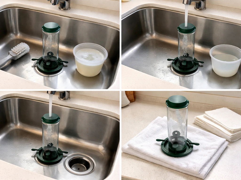 Bird feeder being scrubbed, rinsed, and set to dry in a kitchen sink with soap and bleach solution.