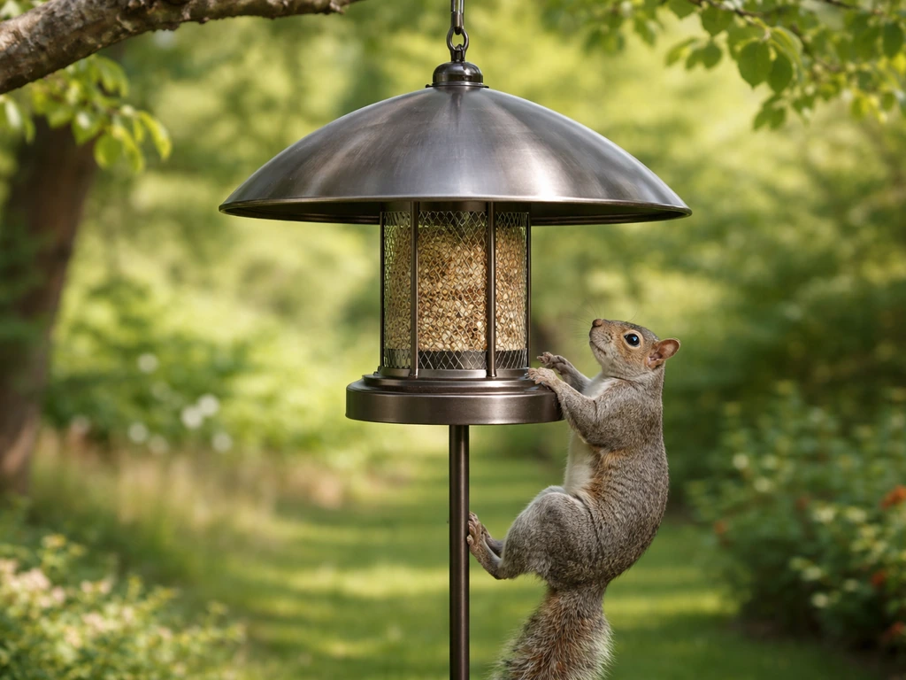 A squirrel-proof baffle on a bird feeder, with a squirrel reaching but kept out by the barrier.