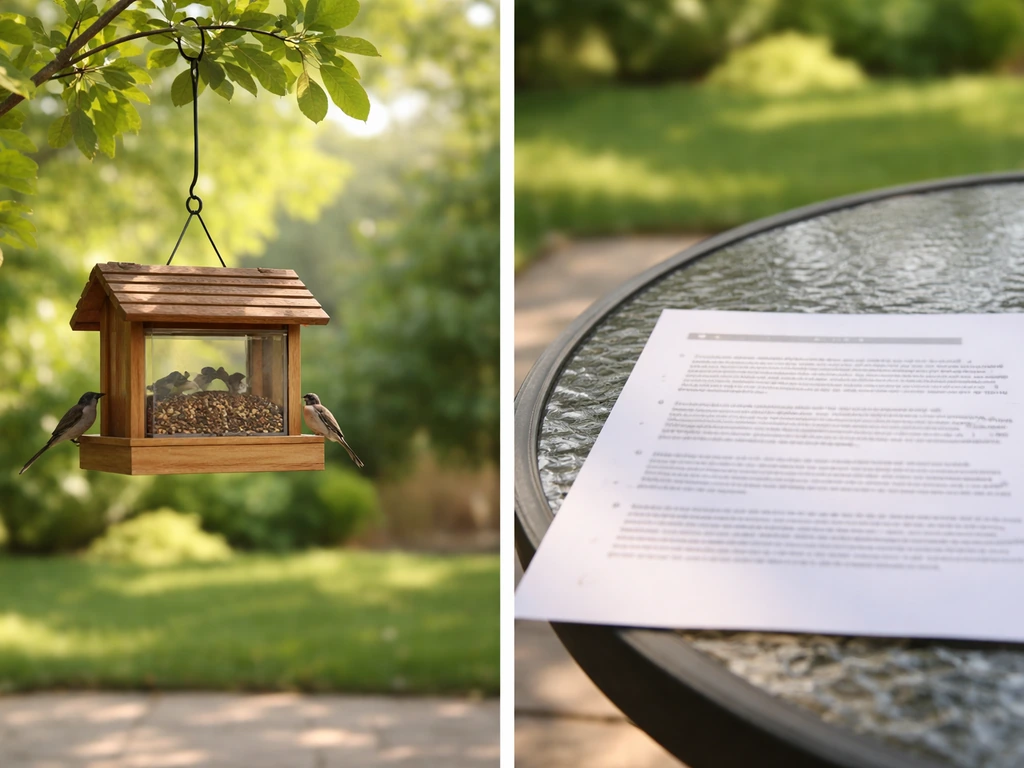 Backyard bird feeder beside a printed wildlife-feeding guideline page, minimal side-by-side scene.
