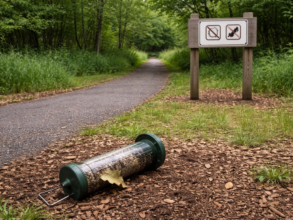 Overturned bird feeder near a quiet NJ park entrance beside a wildlife restriction sign