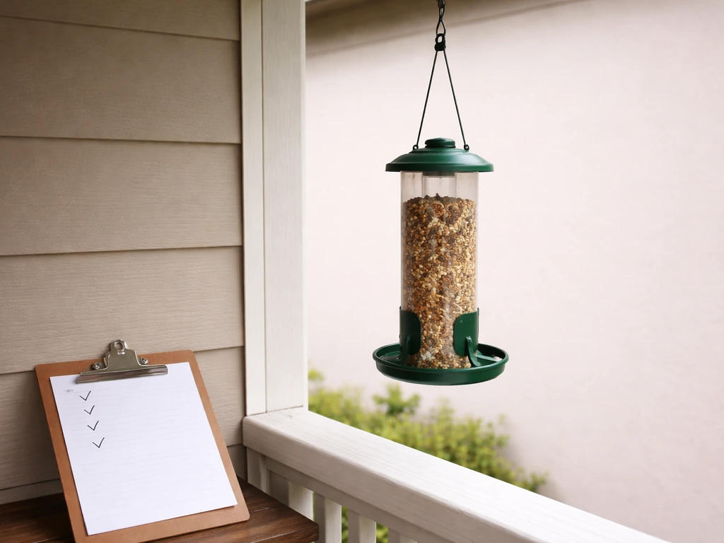 Bird feeder suspended from a wire near a window as a checklist clipboard rests on a porch rail.