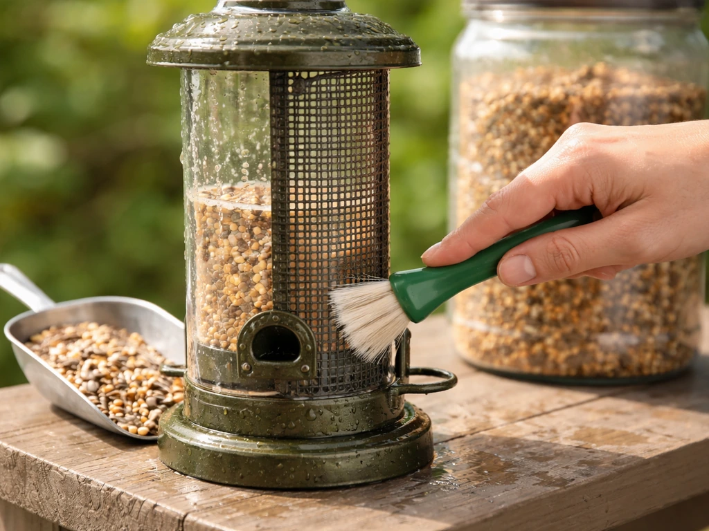 Hand rinses and brushes a clean bird feeder while fresh seed is ready beside it.