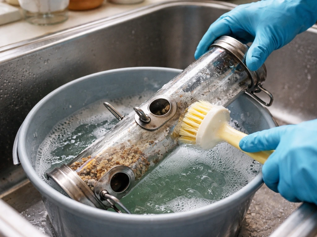 Close-up of scrubbing a bird feeder in a sink with cleaning solution and a brush