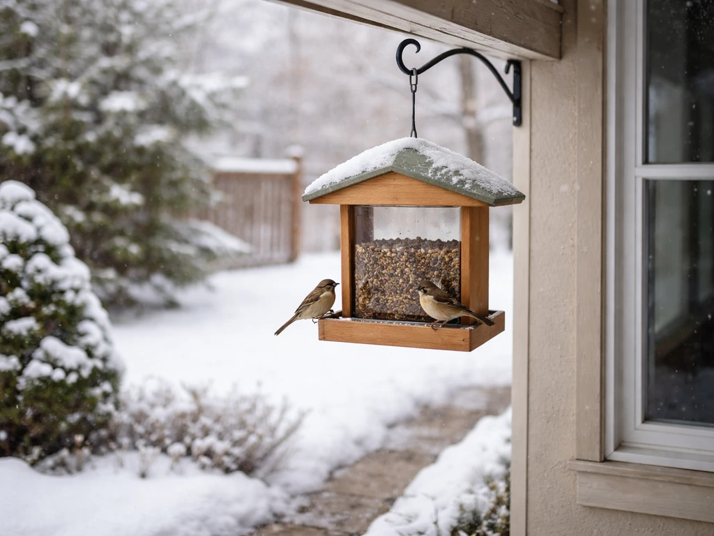 Snowy backyard porch with a hanging bird feeder and two small winter birds, safely spaced from a window.