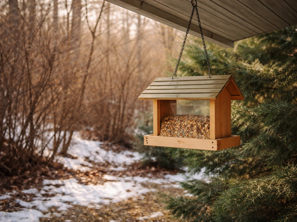 Bird feeder hanging under a house eave near dense shrubs with safe clearance and sheltered winter setting.