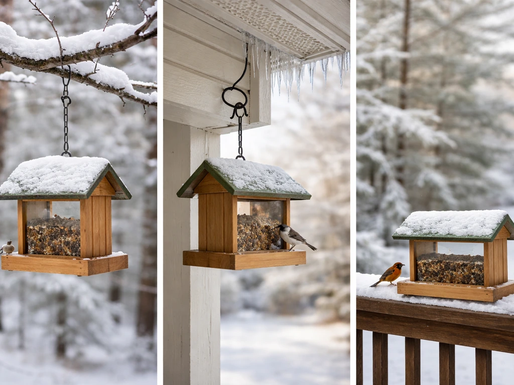 Winter bird feeders shown in three spots: tree branch, porch eave, and balcony railing.