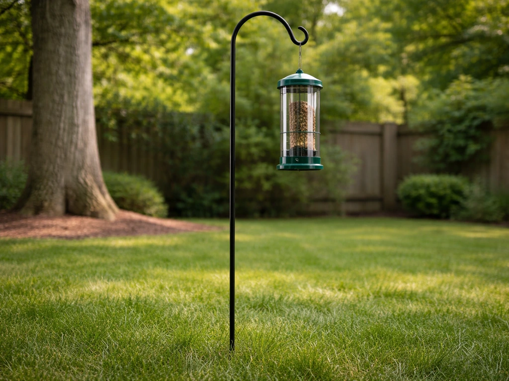 Bird feeder hanging high above ground, placed more than 10 feet from nearby tree trunk and jump points.