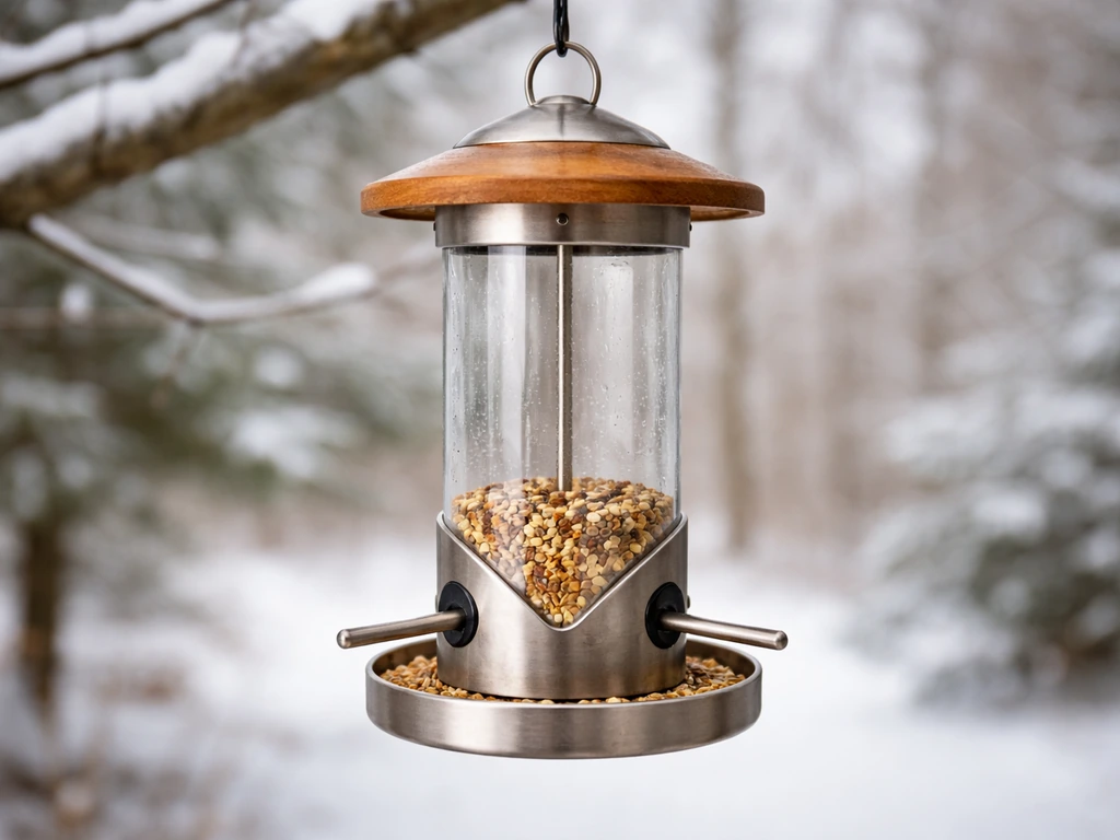 Close-up of a clean bird feeder with fresh seed in a quiet winter garden setting