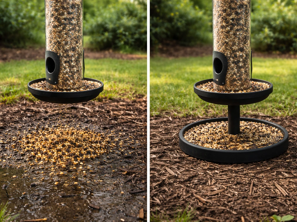 Bird feeder with insects hovering near spilled seed on wet ground, with a nearby clean, elevated setup