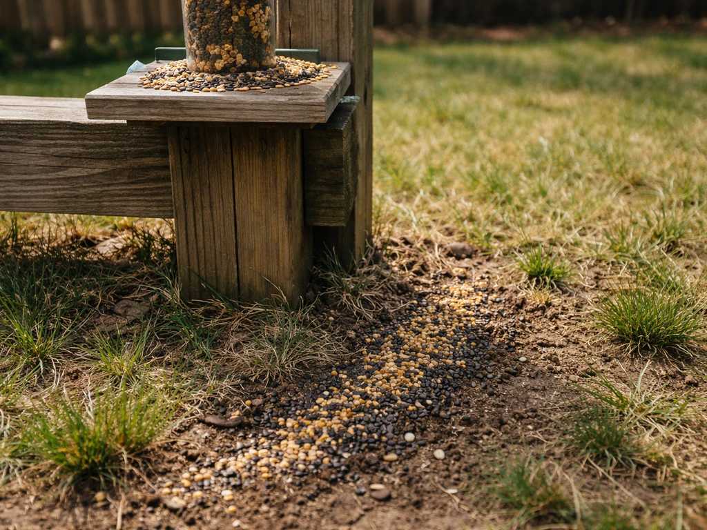 Bird feeder base with damp spilled seed and wet ground waste mixed with dry grass beneath.