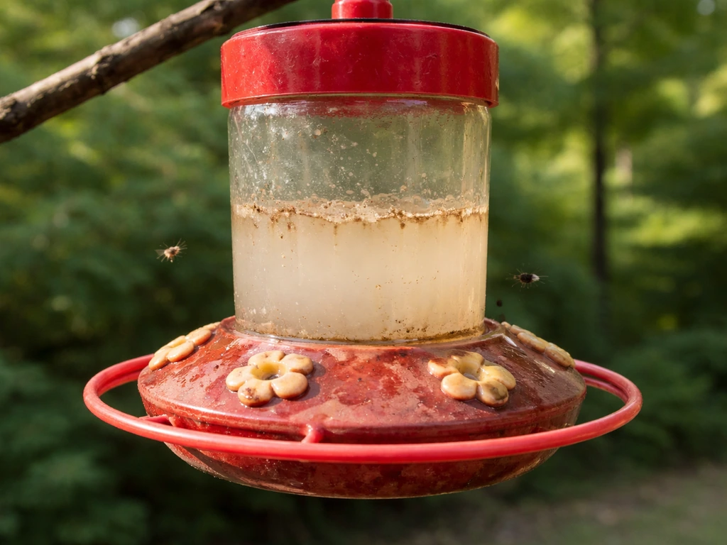 Close-up of a hummingbird feeder with cloudy, dirty sugar water residue in warm summer light.