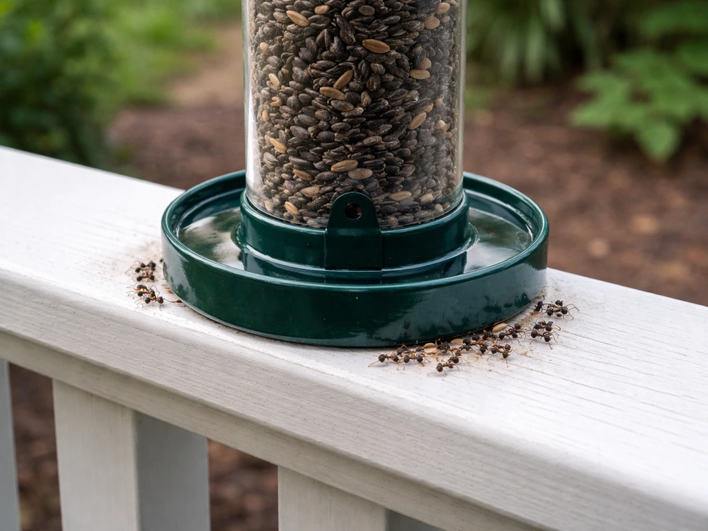 Seed feeder on a porch with a water-filled ant moat; a few ants are outside the barrier.