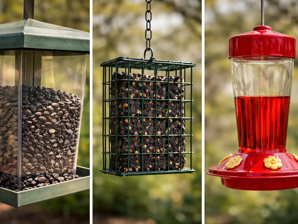 Three close-up feeder scenes: sunflower seed in a hopper, suet cake in a cage feeder, and nectar in a hummingbird feeder
