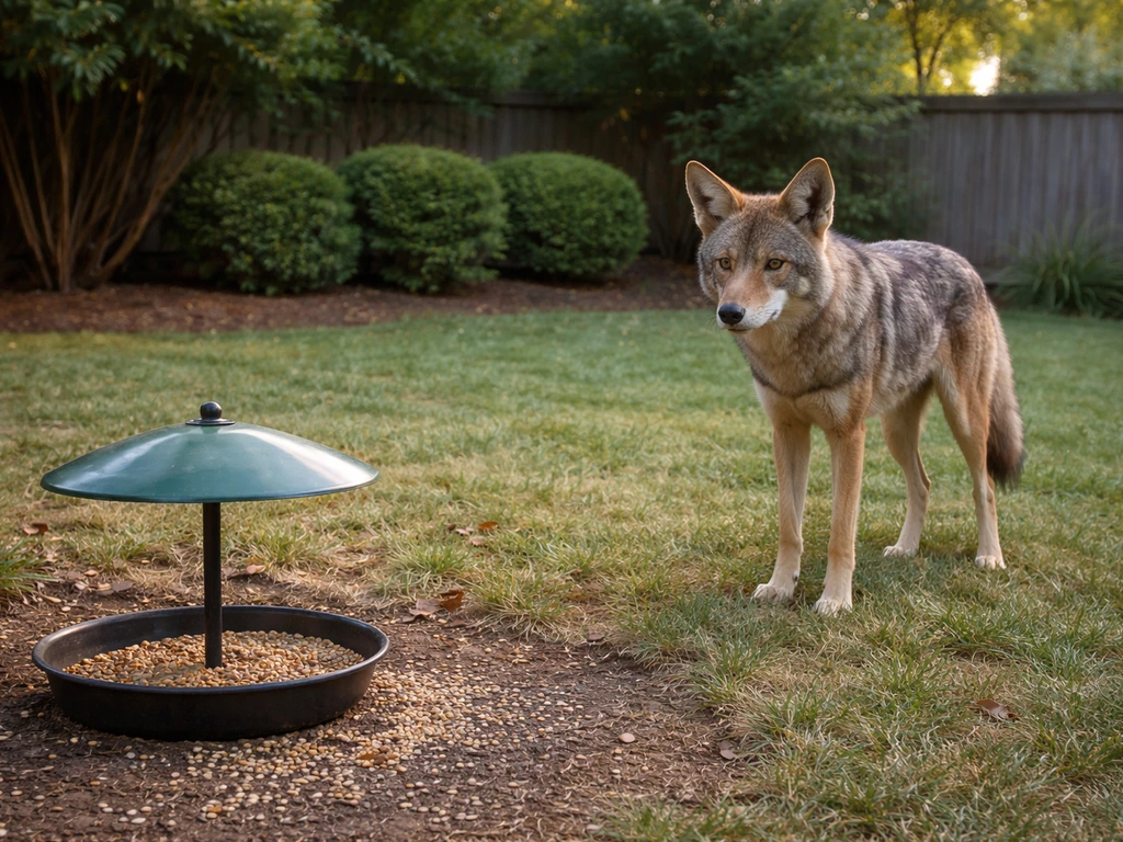 Coyote near a suburban bird feeder with visible seed area, showing potential attraction risk.