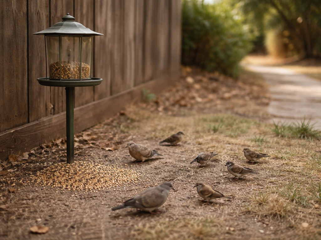 Backyard ground near a bird feeder with scattered spilled seed and small birds foraging