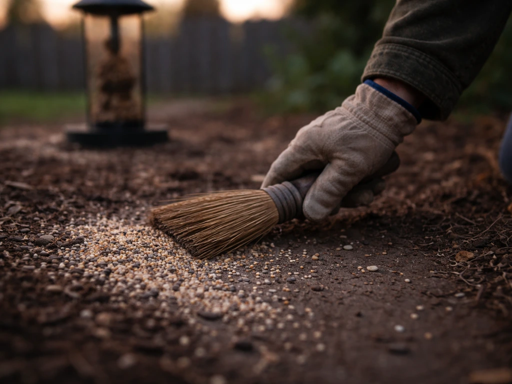 Close-up of a hand sweeping spilled seed away from a bird feeder at dusk
