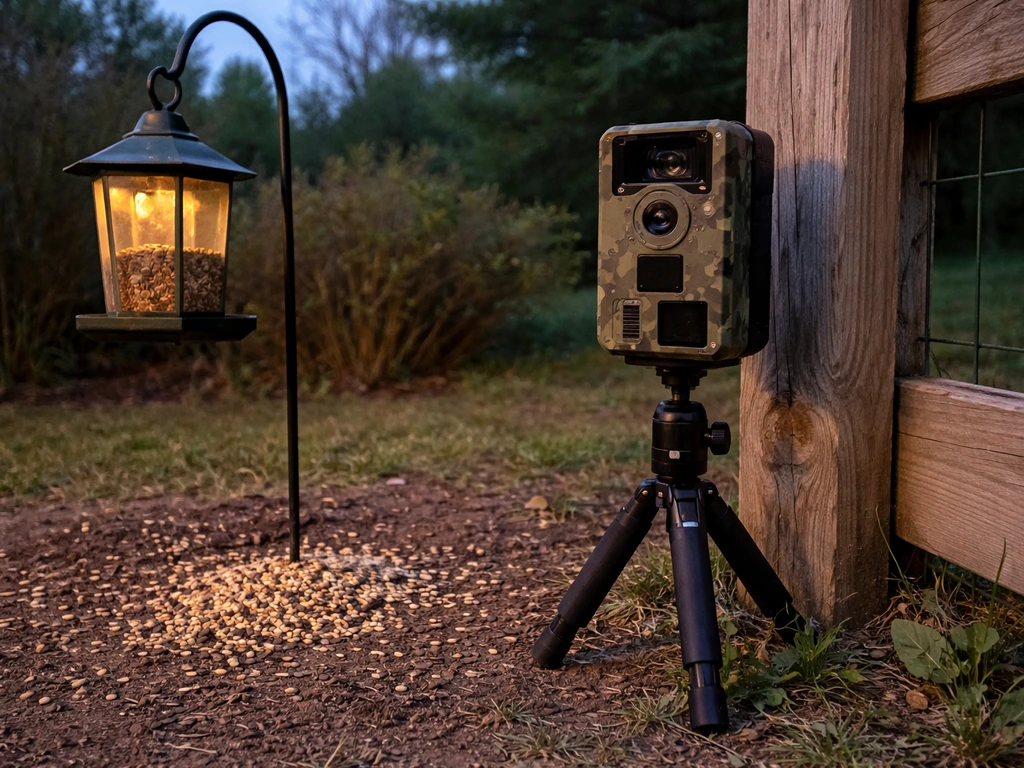 Motion-activated trail camera mounted near a bird-feeding area at dusk, watching for coyotes