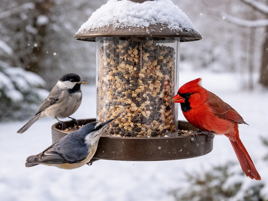 Chickadee, cardinal, and nuthatch foraging at a snowy backyard feeder with soft falling snow.