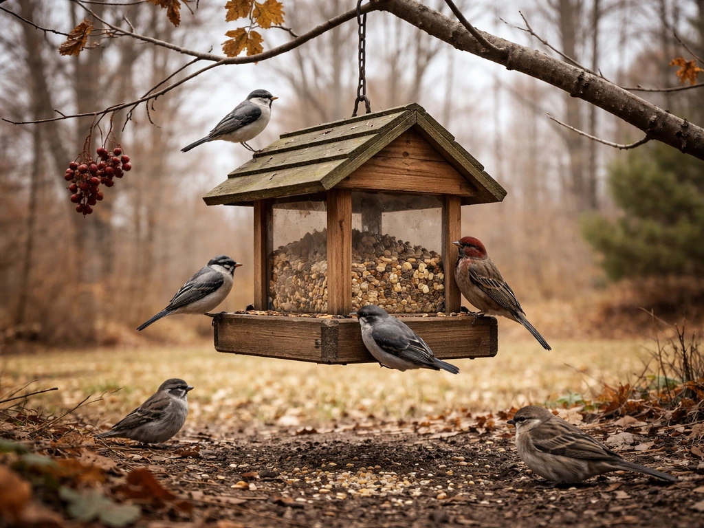 Small songbirds gather at a hanging feeder as late-fall foliage thins and natural berries fade.