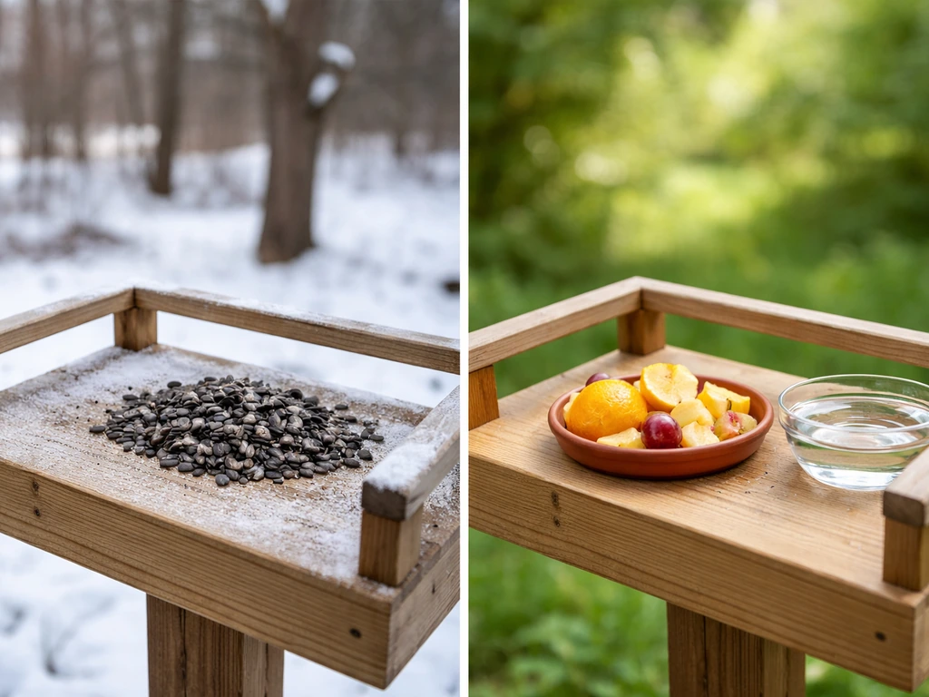 Split view of a winter bird feeder with sunflower seeds beside a summer feeder setup with fruit and water.