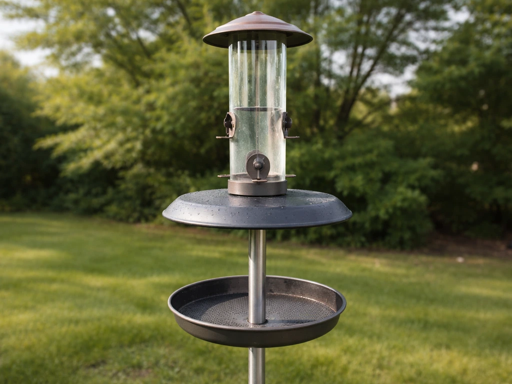 Outdoor bird feeder mounted on a smooth pole with a clean baffling and catch tray setup