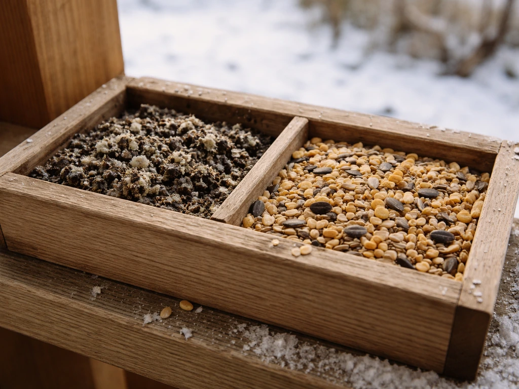 Close-up of a winter bird feeder showing clumped damp moldy seed beside clean dry seed.